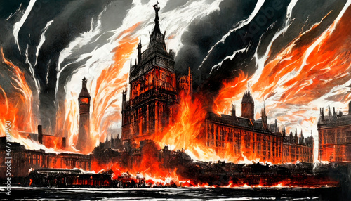 Artistic interpretation of the Great London Fire of 1666 photo