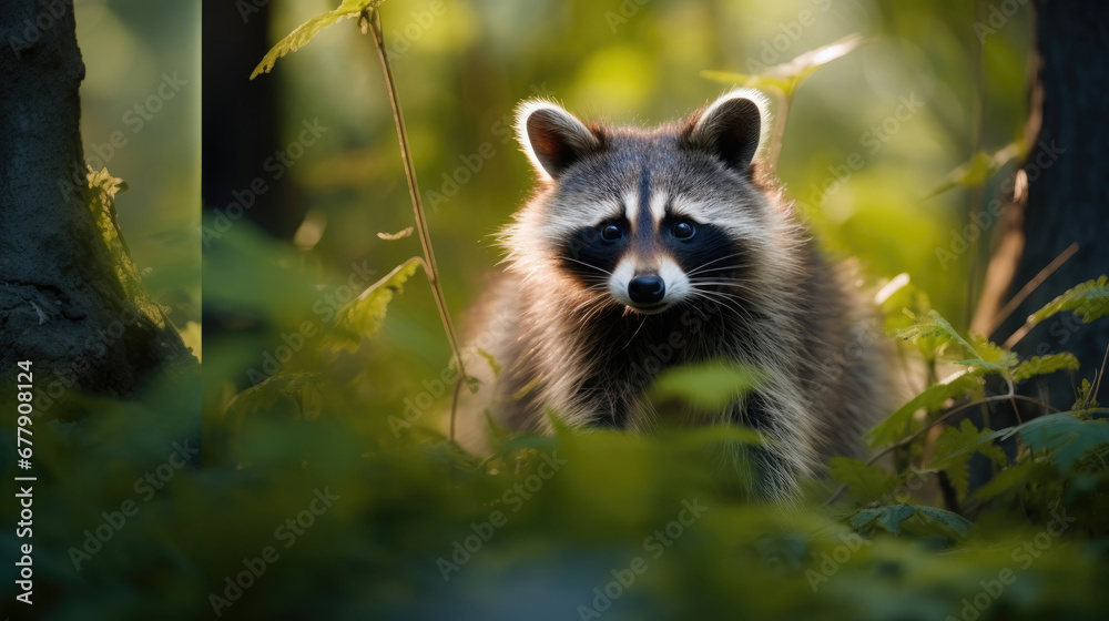 A Curious Raccoon Is Exploring The Dense Undergrowth  , Background For Banner, HD