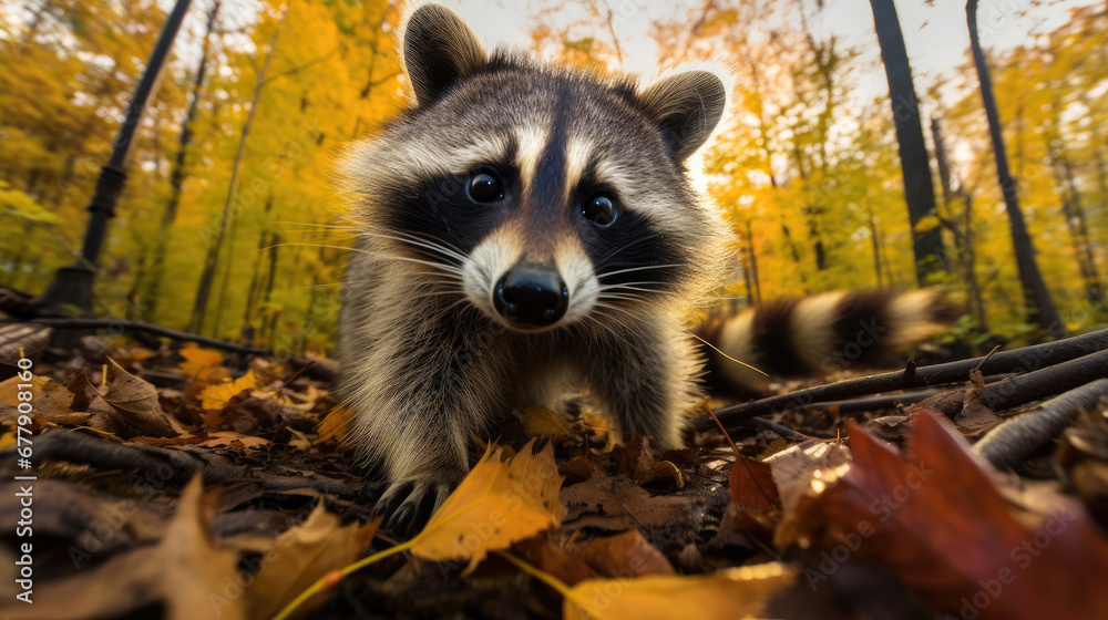 Fototapeta premium A Curious Raccoon Is Foraging For Food Amidst Fallen , Background For Banner, HD