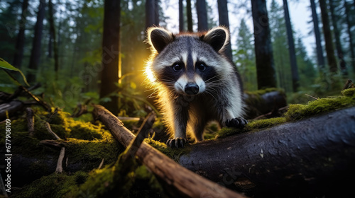 A Curious Raccoon Is Exploring A Mossy Fallen, Background For Banner, HD