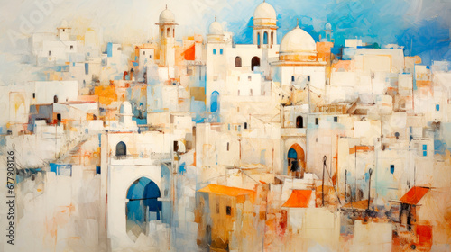 Painting of the old town in Tangier, Morocco photo
