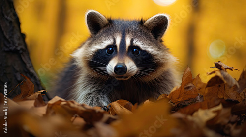 A Curious Raccoon Is In The Autumn Forest , Background For Banner, HD