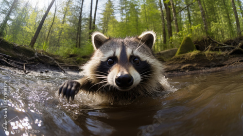 A Curious Raccoon Is Playfully Splashing, Background For Banner, HD © ACE STEEL D