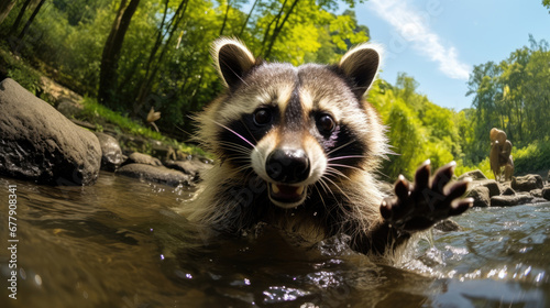 A Curious Raccoon Is Playfully Splashing, Background For Banner, HD