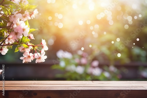 Spring blossoms on wooden table amidst a green garden with bokeh lights and a flare effect. Generative AI