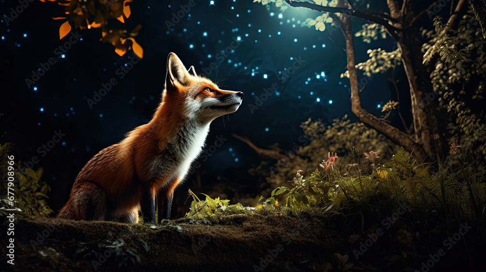 Naklejka premium A Playful Fox Is In The Moonlit Forest Photographed, Background For Banner, HD