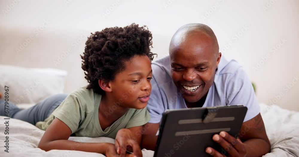 Father, smile and black kid on tablet in bedroom, learning or watch cartoon together. African children, tech and dad on bed, website app and family on internet, relax or bond on social media in home
