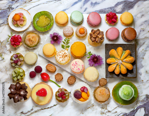 A dessert spread takes shape on a marble surface, featuring an assortment of petit fours, macarons, and miniature pastries, all arranged with precision and elegance.