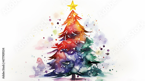 decorated bright christmas tree watercolor illustration isolated on white background, print