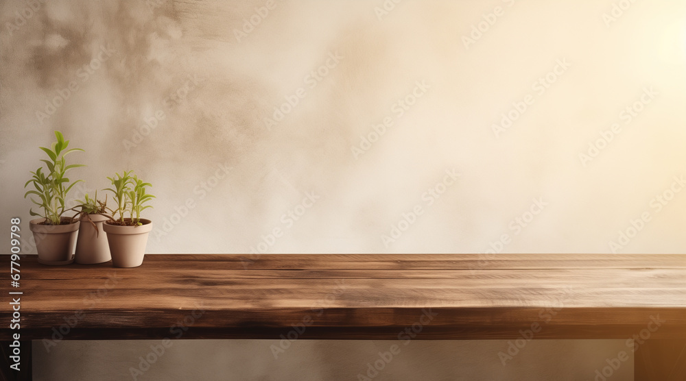 Empty wooden table top near stucco wall with with sunlight falling from the window and shadows. Table top with copy space for product advertising