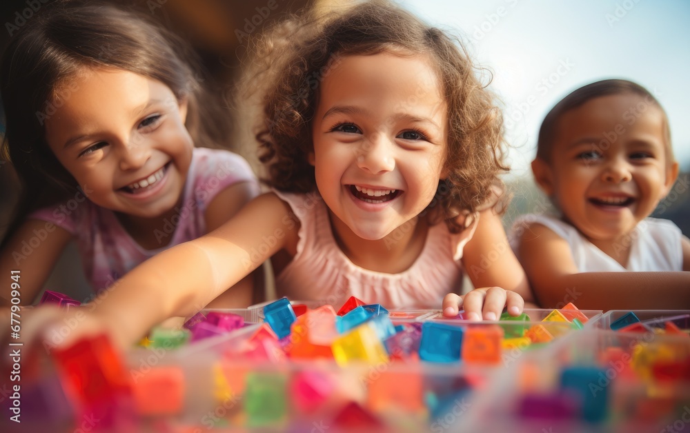 Children playing together with colorful cubes Children playing together with colorful cubes