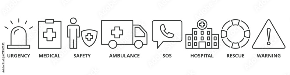 Emergency banner web icon vector illustration concept with icon of urgency, medical, safety, ambulance, sos, hospital, rescue, and warning