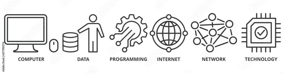 Information technology banner web icon vector illustration concept with icon of computer, data, programming, database, internet, network, and technology Information technology banner web icon vector illustration concept with icon of computer, data, programming, database, internet, network, and technology