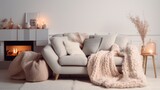 A comfortable living room with soft lighting on a comfortable sofa, candles that make the atmosphere warmer. Generate AI. 