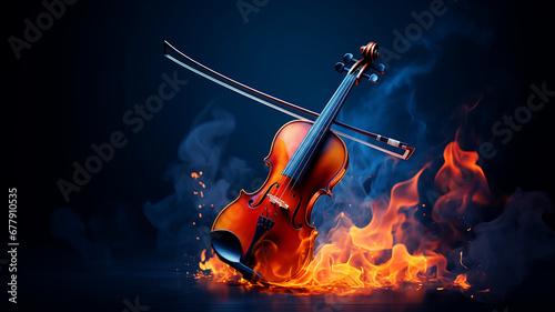 musical background, burning violin on a dark background, hot classical music concept, album cover melody and rhythm modern graphics