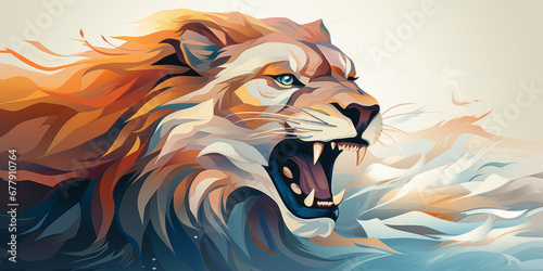 Flat lion graphic leaping forward on white.generative ai photo