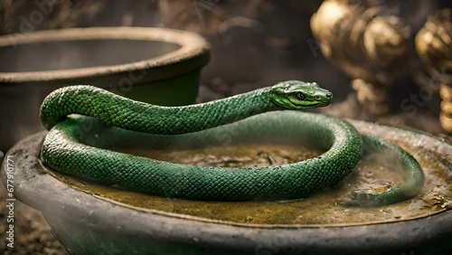 earthy green serpent slithers around cauldron, representing zodiac sign Taurus. sheds skin coils around cauldron, symbolizes alchemical transformation growth stability. photo