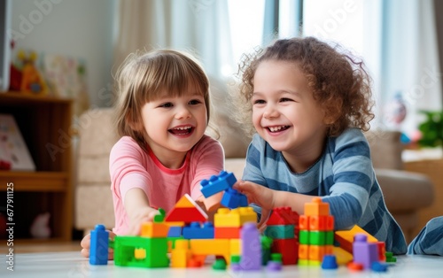 Smiling kids playing with blocks at home