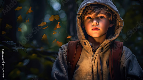 Young boy, hooded, exploring twilight forest, leaves swirling gently.