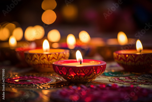 Glowing diwali diya candle lamp, Indian spiritual festival of light