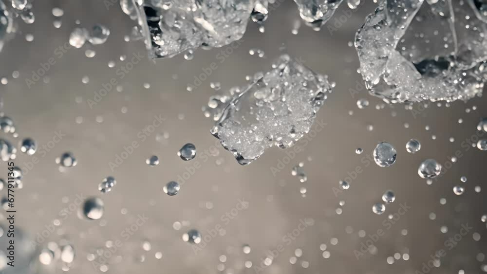 Closeup sugar crystals dissolving sparkling water soda. carbonation causes sugar break apart dissolve rapidly, creating flurry bubbles movement.