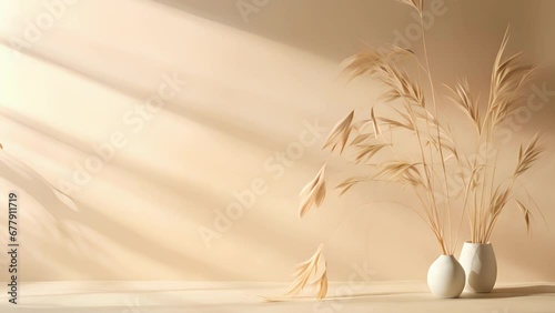 A summerinspired scene featuring a smooth concrete background in shades of warm sandy beige. The abundant sunlight from the window casts intricate and elongated shadows, resembling the