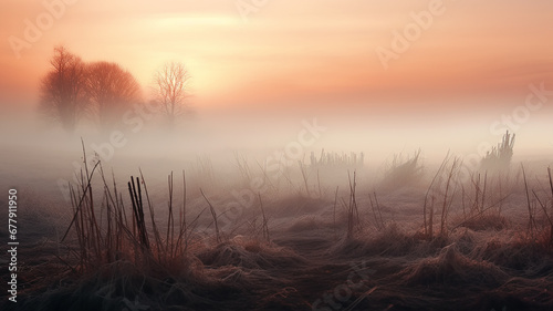 landscape fog in the autumn field, morning light