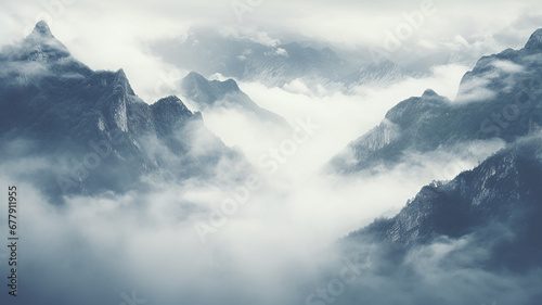 landscape, quiet misty valley in the mountains, forest panorama aero view