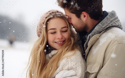 Beautiful couple in love enjoying each other in winter