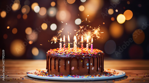 Closeup on a birthday cake with candles.