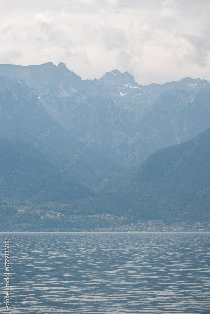 Panorama from town of Vevey to Lake Geneva, Switzerland Panorama from town of Vevey to Lake Geneva, Switzerland