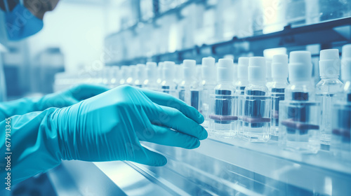 scientist working in laboratory, with sanitary gloves, glass bottles, production line