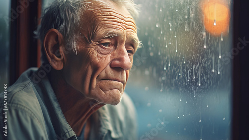 alone elderly man by a window with rain drops generative ai