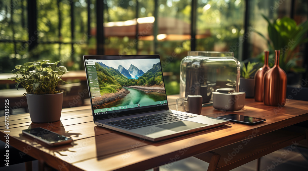 a desk with both a laptop and desktop computer, symbolizing the hybrid work approach where employees choose their preferred devices