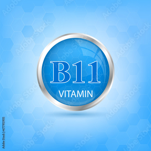 Vitamin B11 icon structure blue substance. 3D Vector Illustration. Personal care, beauty concept. Medicine health symbol of thiamine. Drug business concept. Vitamin complex with chemical formula.