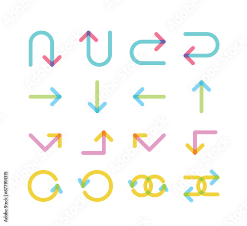 Set of arrow icons in colorful, simple, modern, minimalist style. turn, Left, right, right turn, left turn, down, up.