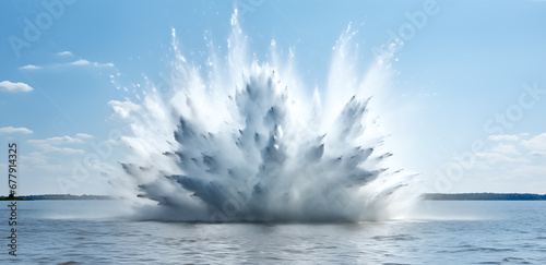 Huge water fountain caused by a sub-surface sea mine explosion in the ocean. photo
