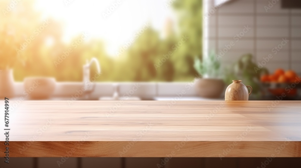 Wooden table on blurred kitchen bench background, Advertisement, Print media, Illustration, Banner, for website, copy space, for word, template, presentation Wooden table on blurred kitchen bench background, Advertisement, Print media, Illustration, Banner, for website, copy space, for word, template, presentation