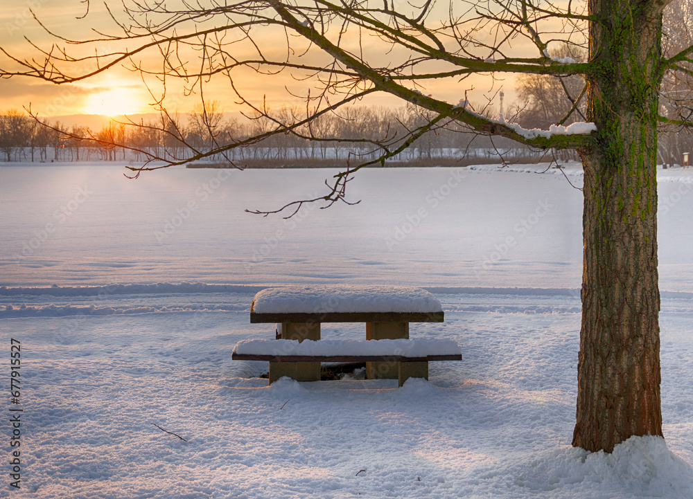 Snowy winter landscape with sunset in the background. The frozen Tisza backwater can be seen in Tiszalök, Hungary. Bare trees and branches are still visible in the picture. Hungarian rural landscape. 