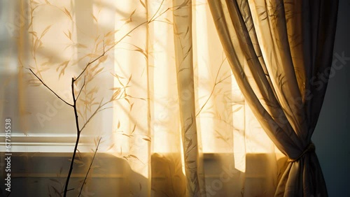 A moody winter setting capturing the lole sunlight peeking through branches outside a window. The soft golden light creates elongated shadows on a velvet curtain, adding depth and drama photo