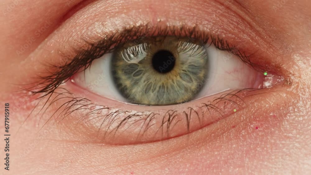Close-up of green eyed woman with no make-up on face macro. Blinking eye with long lashes. Beauty skin care make-up routine