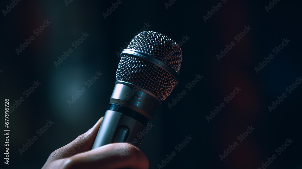close up, hand holding a microphone I am singing at a concert