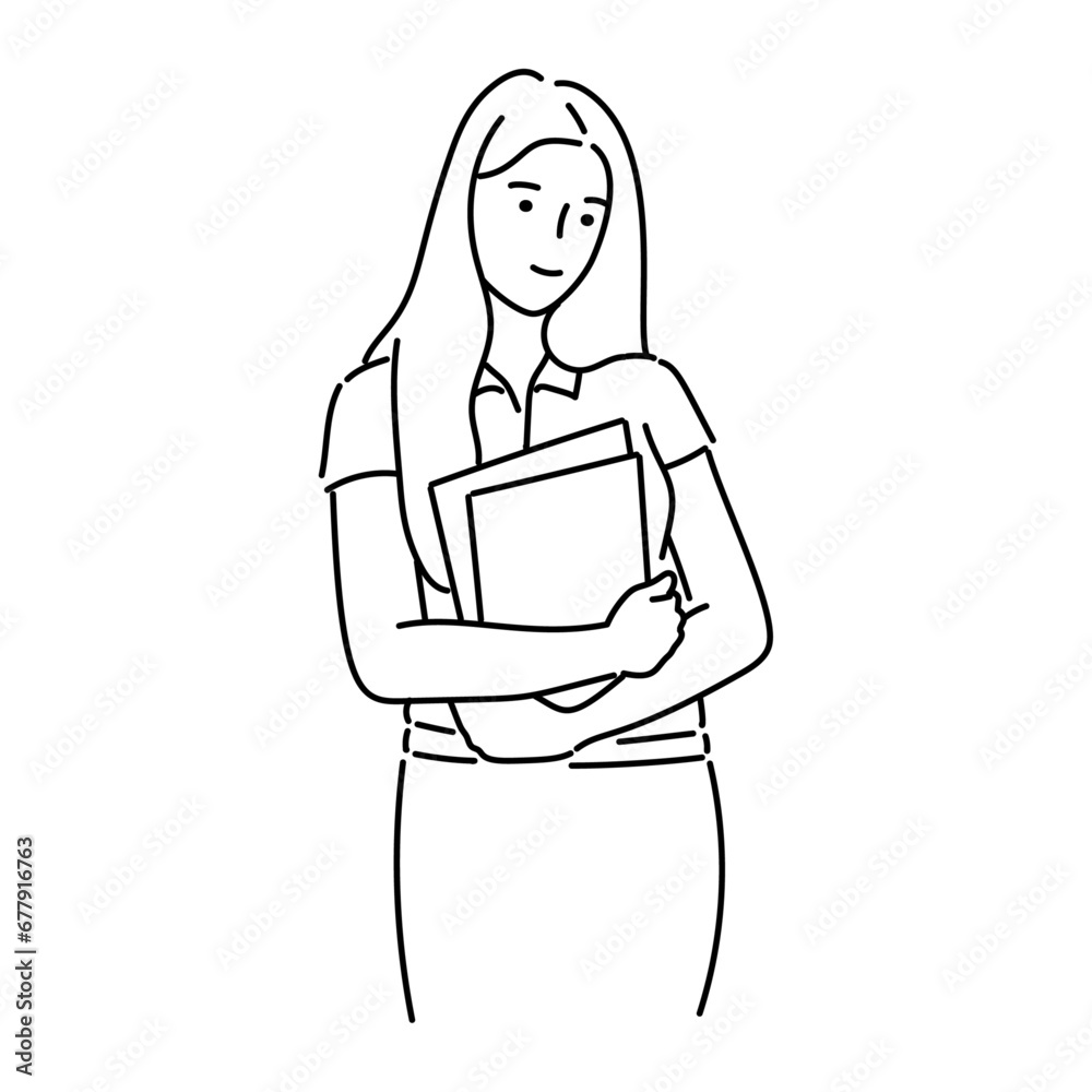 young business woman or girl holding documents character vector illustration in minimalist line art young business woman or girl holding documents character vector illustration in minimalist line art