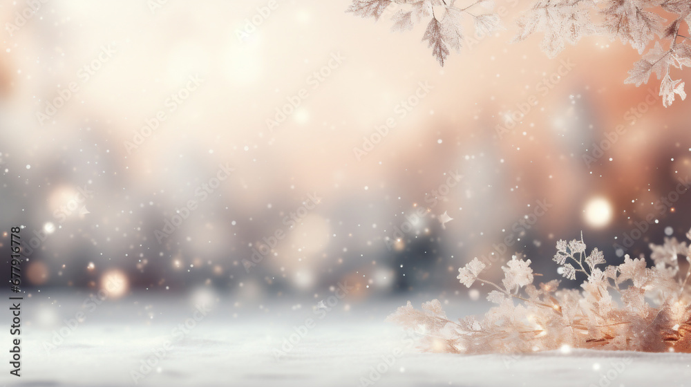 Winter background with bokeh lights and snowflakes. Christmas background.