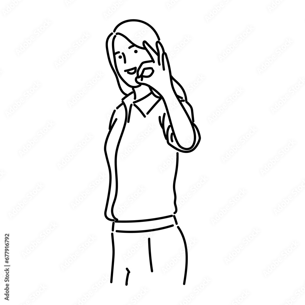 young woman with ok sign hand gesture vector illustration line style icon on white background young woman with ok sign hand gesture vector illustration line style icon on white background