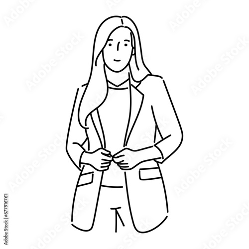 businesswoman with blazer standing with confident vector illustration design in black and white line art style