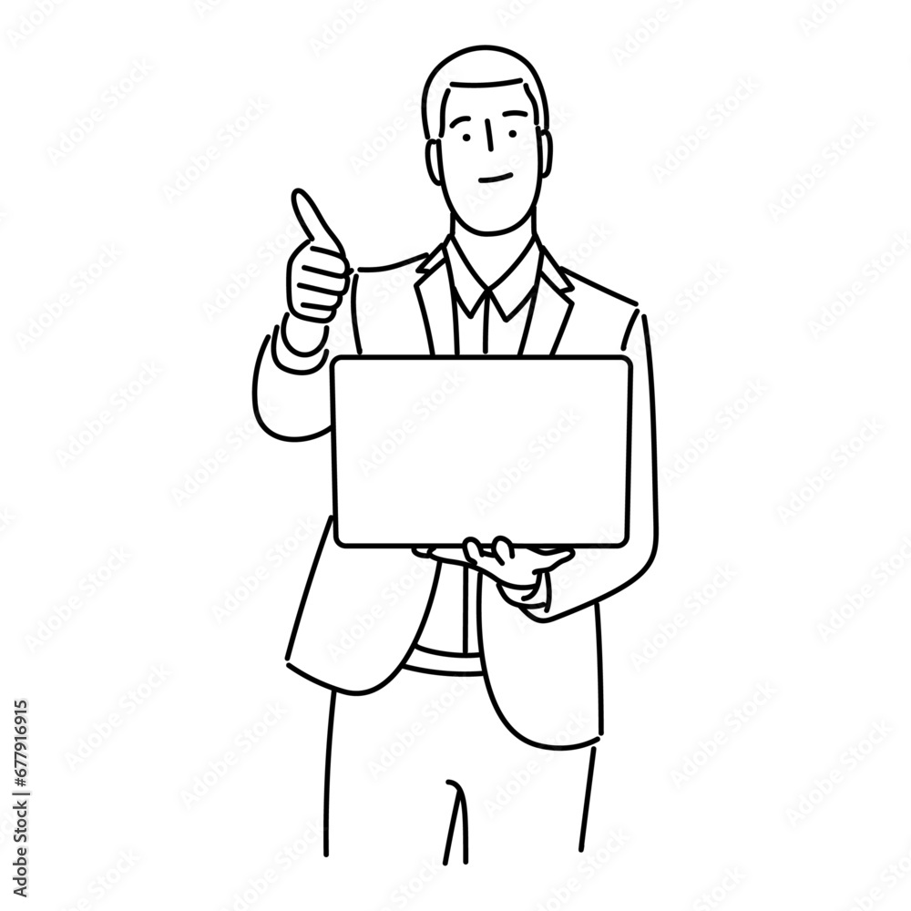 Businessman working on laptop with thumb up. Vector illustration in outline style.