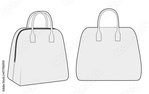 Bowling Tote silhouette bag. Fashion accessory technical illustration. Vector satchel front 3-4 view for Men, women, unisex style, flat handbag CAD mockup sketch outline isolated