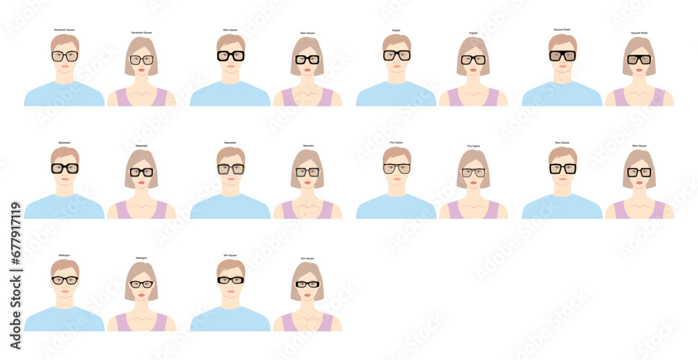 Set of Square frame glasses on women and men flat character fashion accessory illustration. Sunglass front view unisex style, rim spectacles eyeglasses with lens sketch style outline isolated on white Set of Square frame glasses on women and men flat character fashion accessory illustration. Sunglass front view unisex style, rim spectacles eyeglasses with lens sketch style outline isolated on white