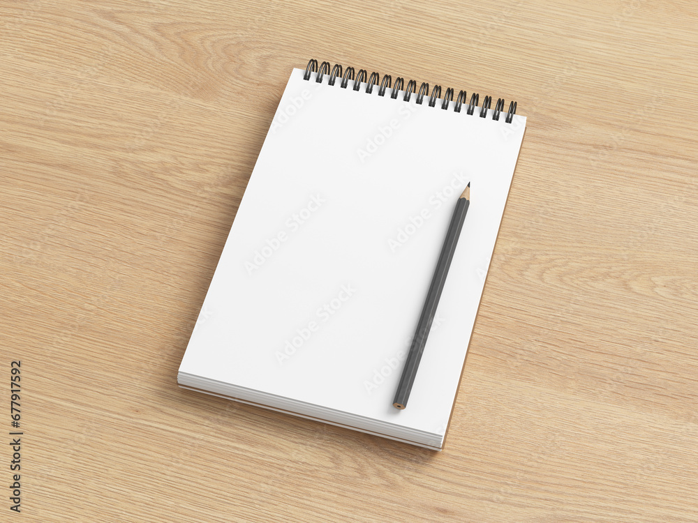 Notebook mockup. Blank notebook and pencil. Spiral notepad on wooden background Notebook mockup. Blank notebook and pencil. Spiral notepad on wooden background